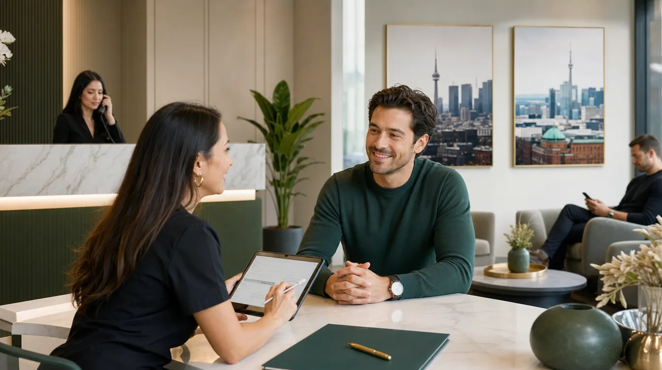 hair restoration appointment intake in a modern clinic