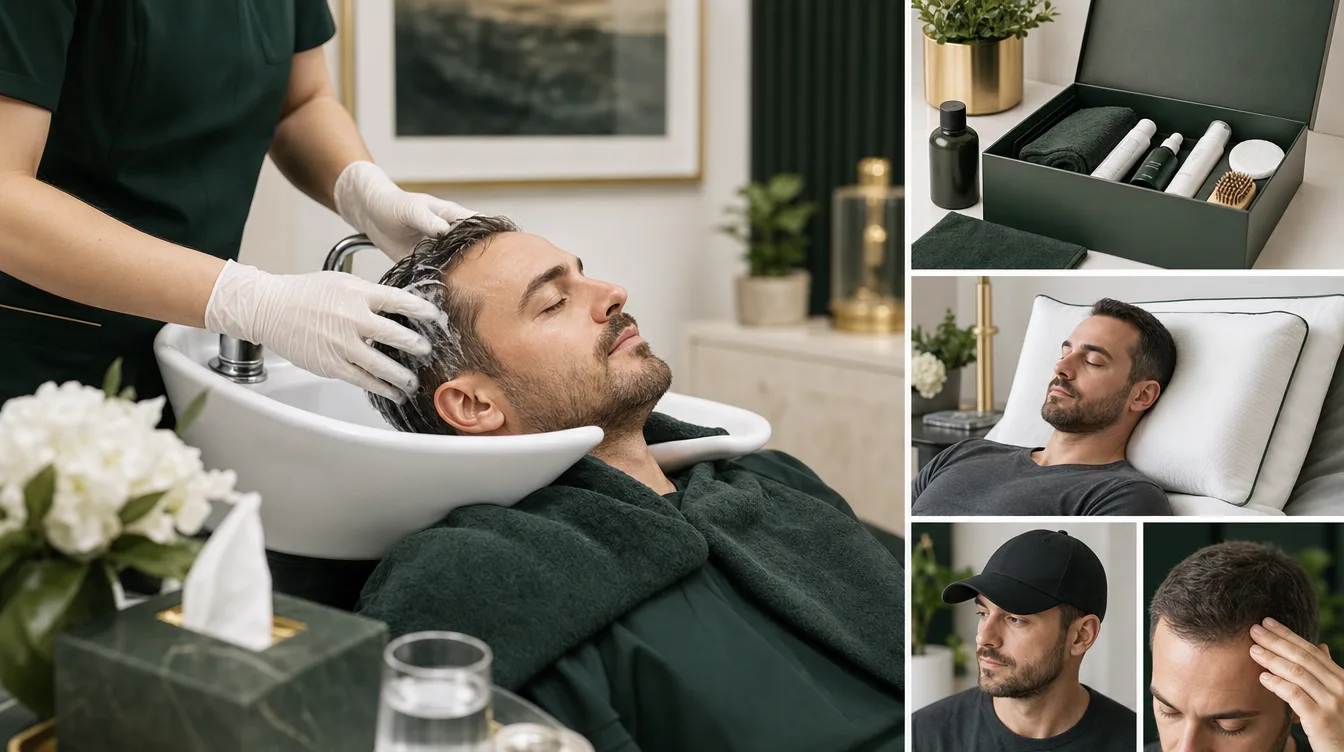 hair transplant recovery care setup with postoperative support materials